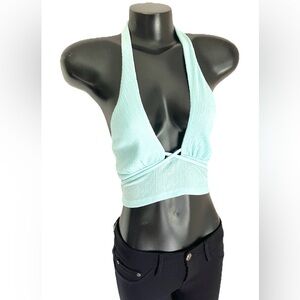 UO Urban OUTFITTERS WOMENS blue HALTER deep V strappy SEXY tank Top MEDIUM